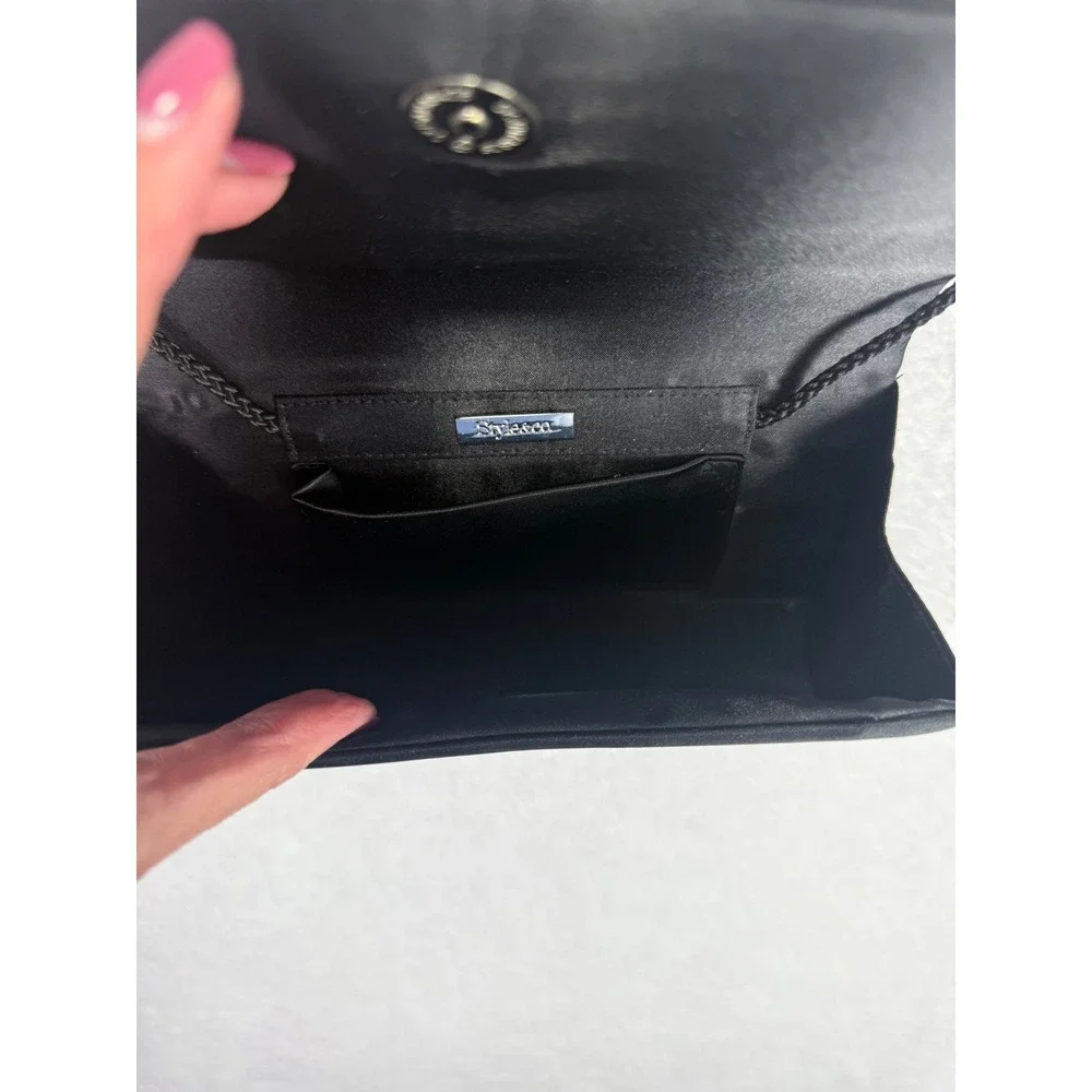 Style & Co Black Satin Pleated Rhinestone Evening Clutch Shoulder Purse Bag